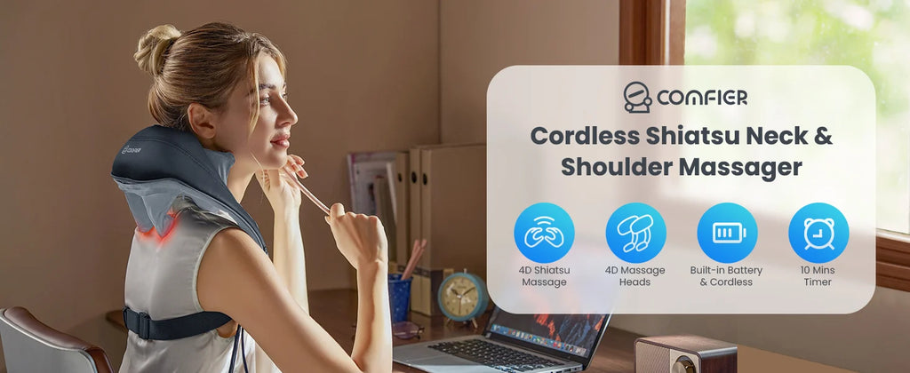 A woman seated at a desk uses a Comfier cordless shiatsu neck and shoulder massager. The product is shown worn around her neck and shoulders, with a large product info panel on the right listing features like 4D shiatsu, 4D massage heads, built-in battery, and 10 min timer.