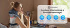 A woman seated at a desk uses a Comfier cordless shiatsu neck and shoulder massager. The product is shown worn around her neck and shoulders, with a large product info panel on the right listing features like 4D shiatsu, 4D massage heads, built-in battery, and 10 min timer.