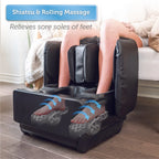 Person using a foot massage machine with text indicating Shiatsu and Rolling Massage benefits.