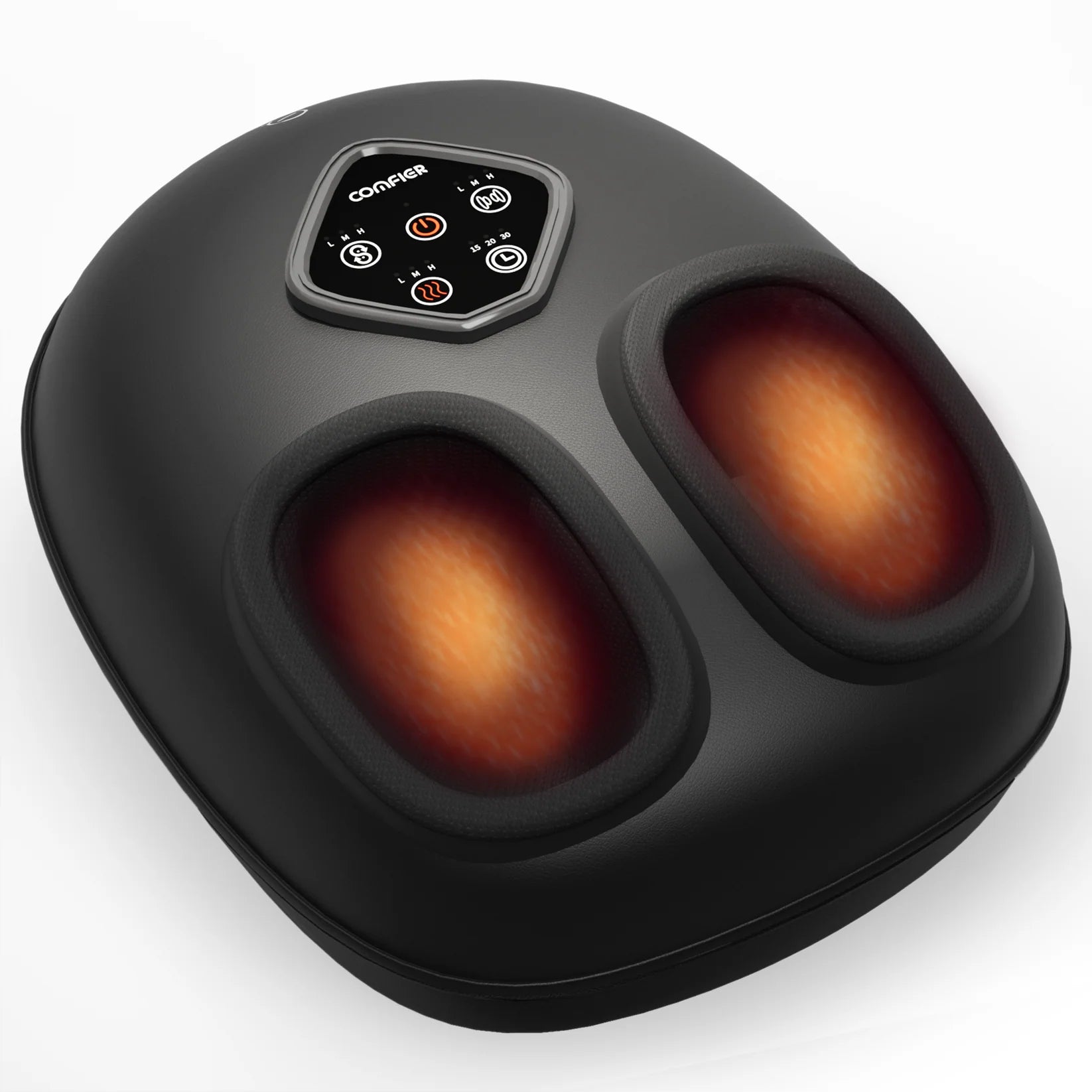 Black foot massager with two heating elements on a white background