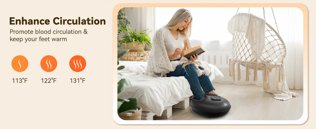 A woman sits on a black foot massager in a bright bedroom while reading a book. The left side includes marketing text reading 'Enhance Circulation' with three orange heat icons and temperatures 113°F, 122°F, and 131°F.