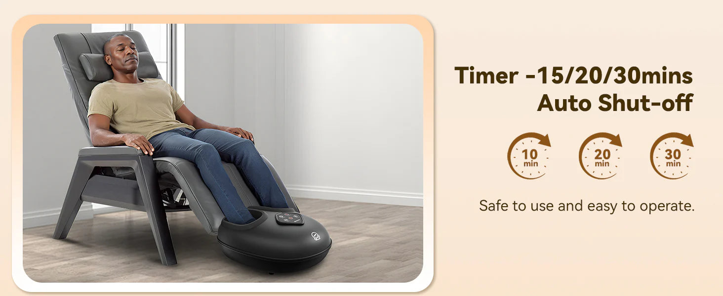 A man reclining in a dark gray massage chair in a bright room, with text on the right explaining the timer and auto shut-off feature. The product is shown in use, making the subject type Lifestyle.