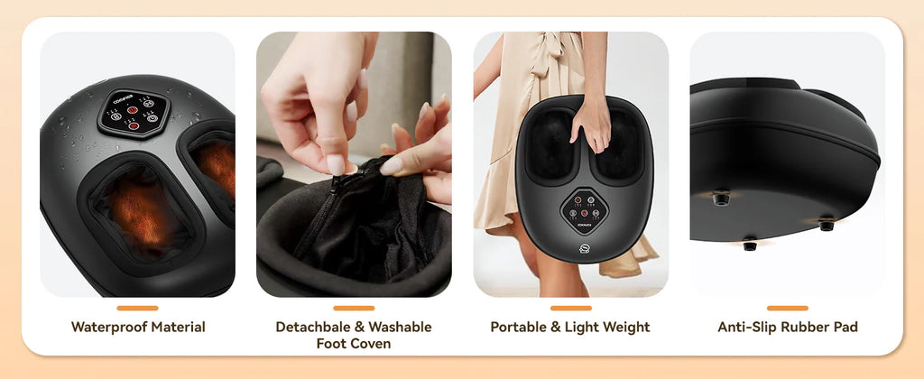 Four-panel product feature graphic for a black foot massage machine. The panels show close-ups of the waterproof material, detachable washable foot cover, portable light weight, and anti-slip rubber pad, with small inset photos demonstrating use and features.