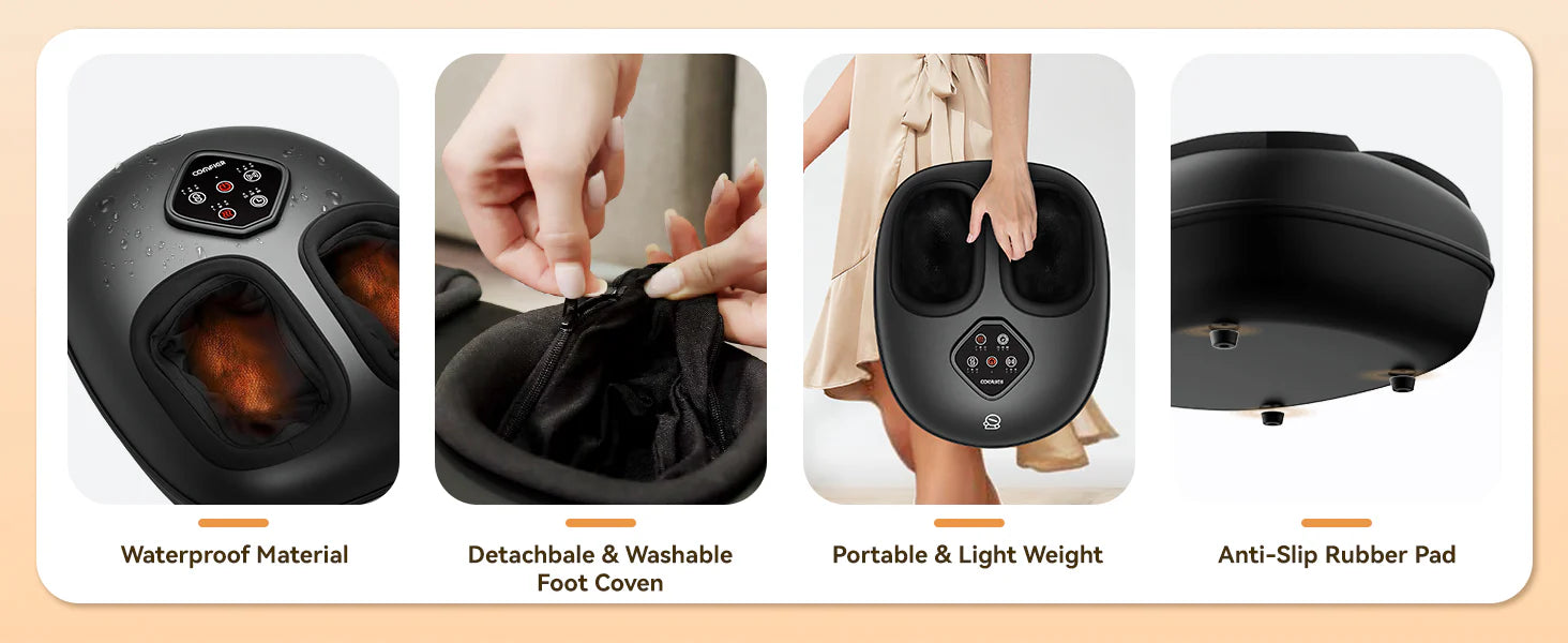 Four-panel product feature graphic for a black foot massage machine. The panels show close-ups of the waterproof material, detachable washable foot cover, portable light weight, and anti-slip rubber pad, with small inset photos demonstrating use and features.