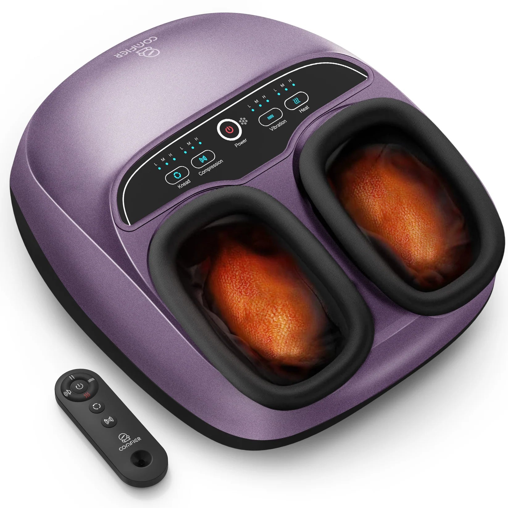 Purple foot massager with remote control on a white background