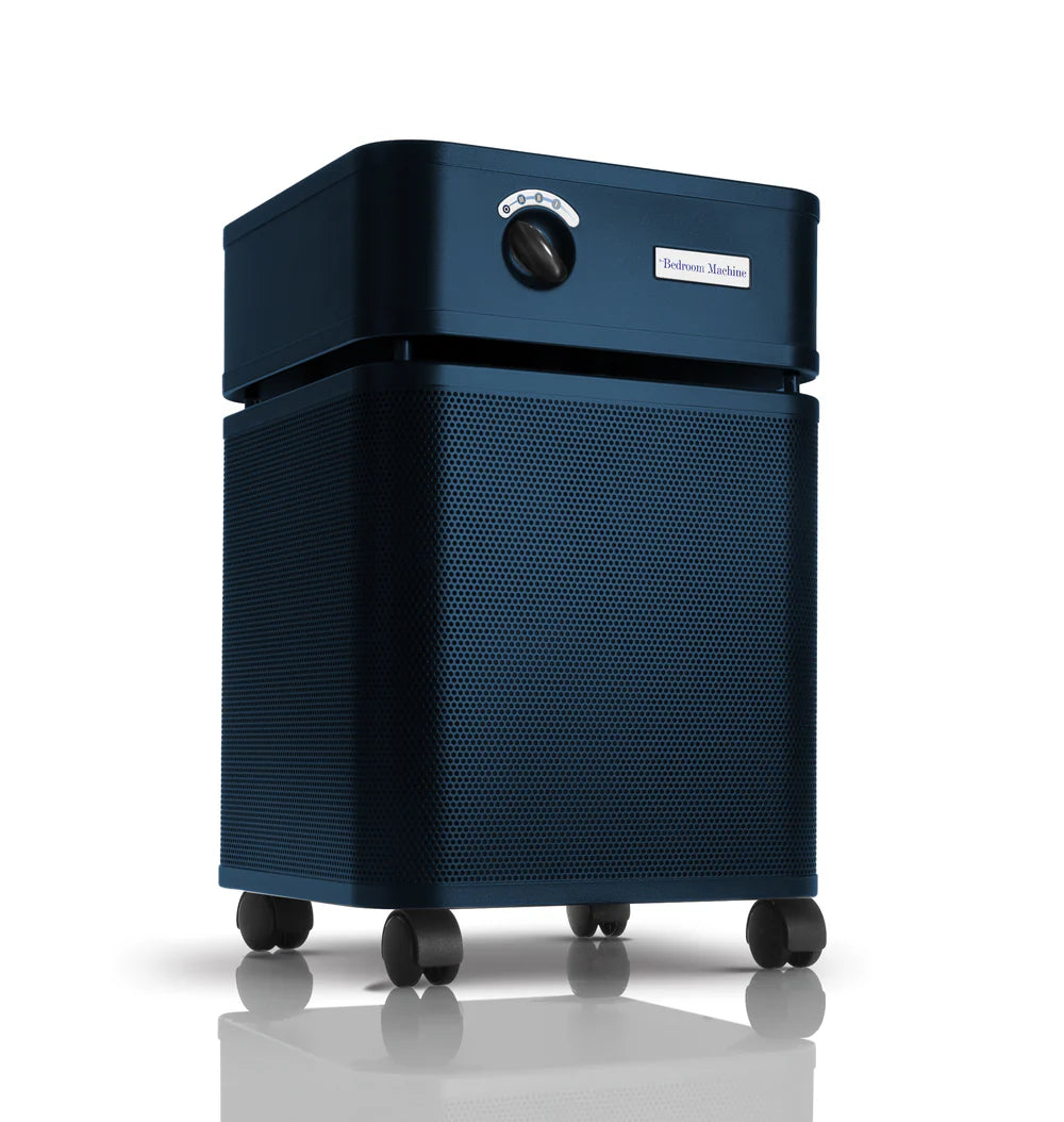 Blue air purifier with 'austin' branding on a white background
