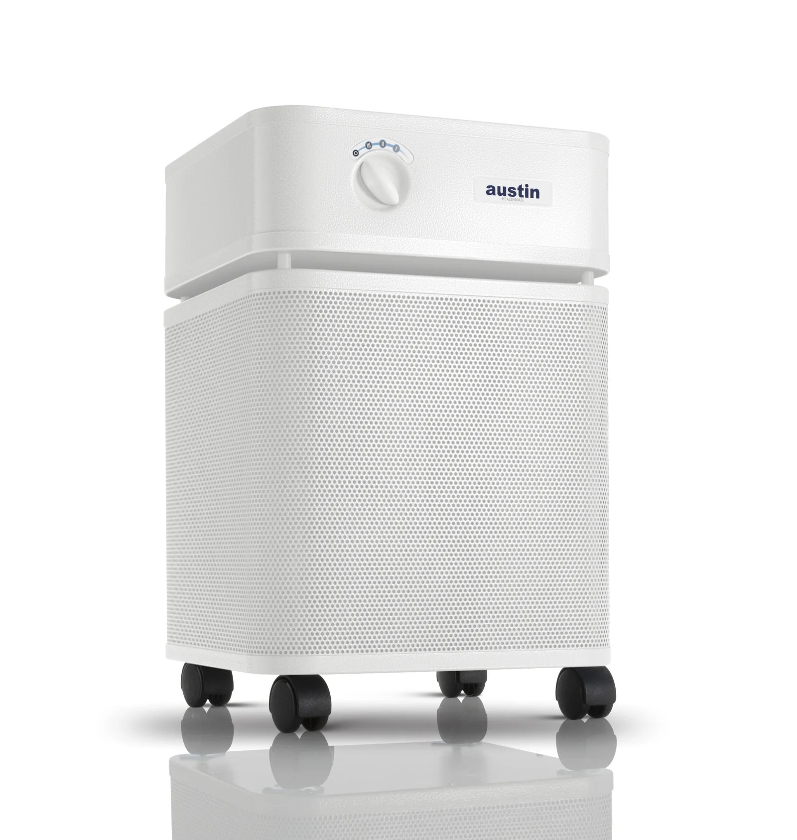 White air purifier with 'austin' branding on a white background