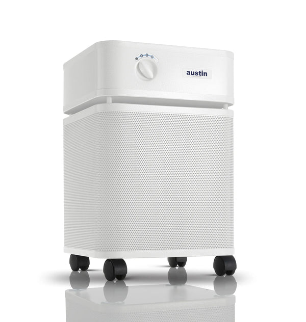 White air purifier with 'austin' branding on a white background