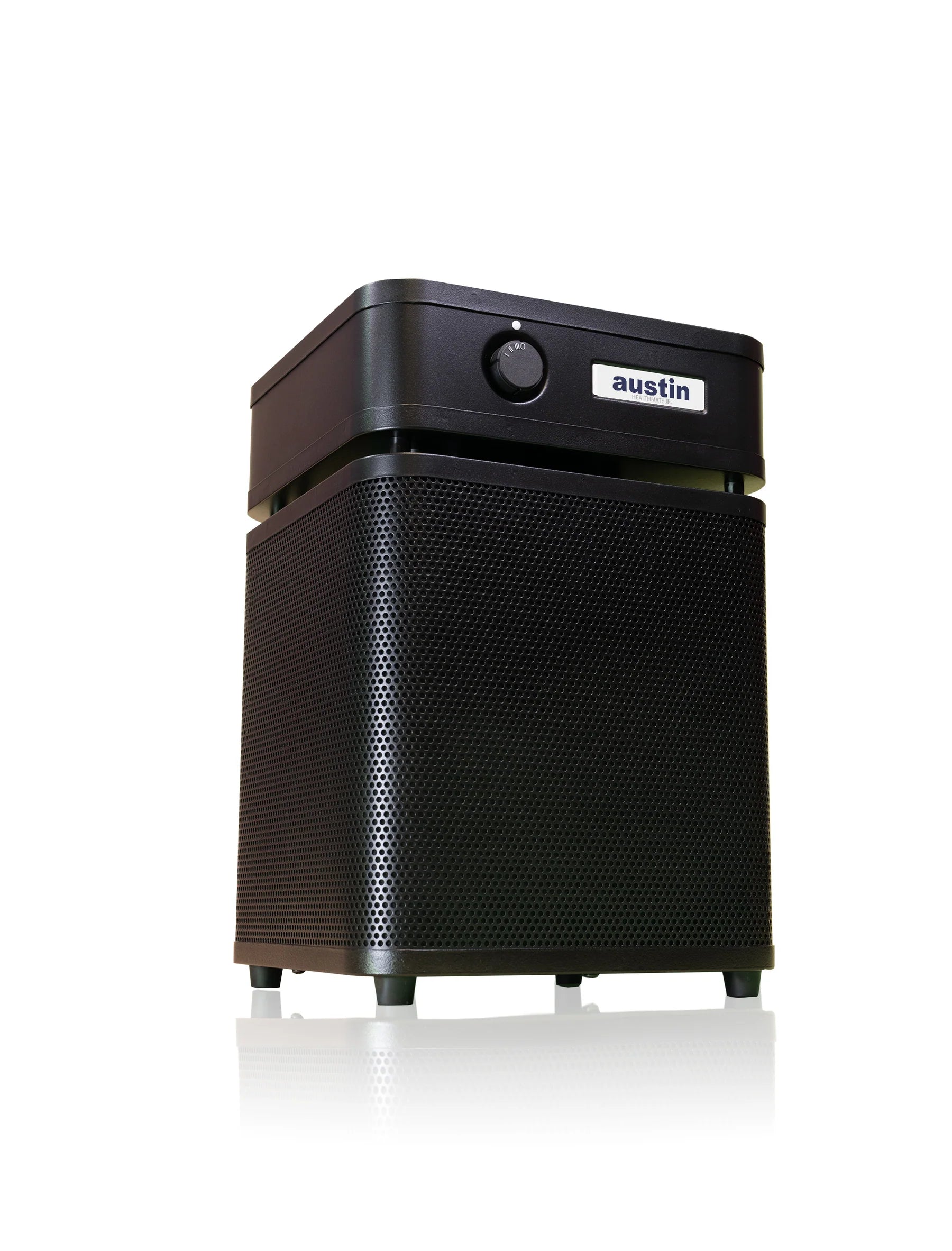 Black air purifier with 'austin' branding on a white background