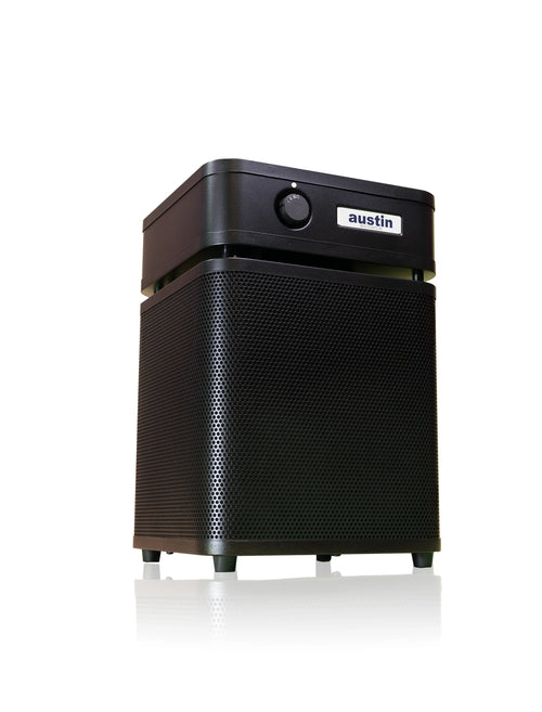 Black air purifier with 'austin' branding on a white background