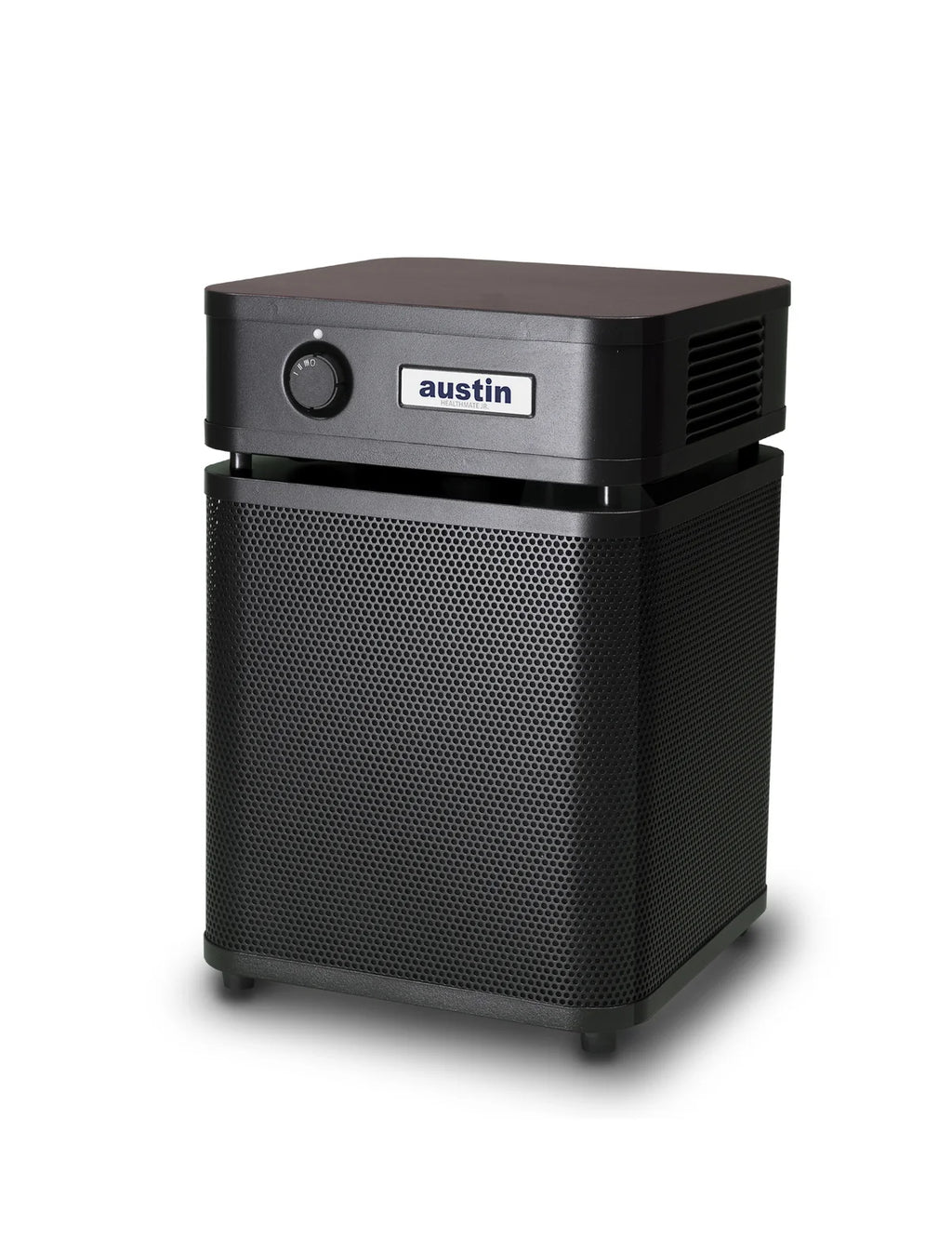 Black air purifier with 'austin' branding on a white background