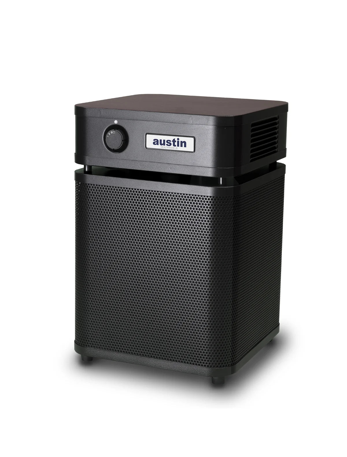 Black air purifier with 'austin' branding on a white background