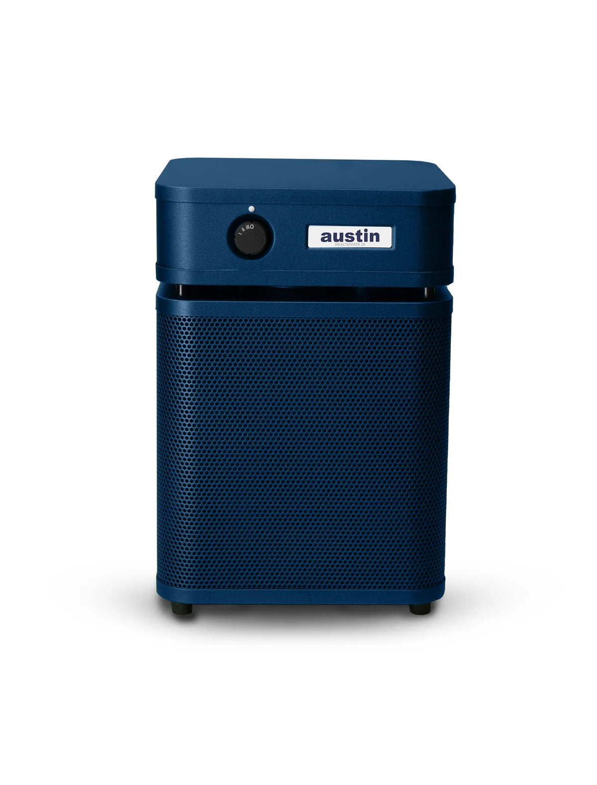 A blue Austin portable air purifier with a perforated front grille and a top control panel featuring a power switch and the 'austin' brand logo, shown on a plain white background.