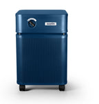 A blue Austin portable air purifier with a perforated metal front grille, a top control panel with a dial, and black caster wheels, shown on a white background.