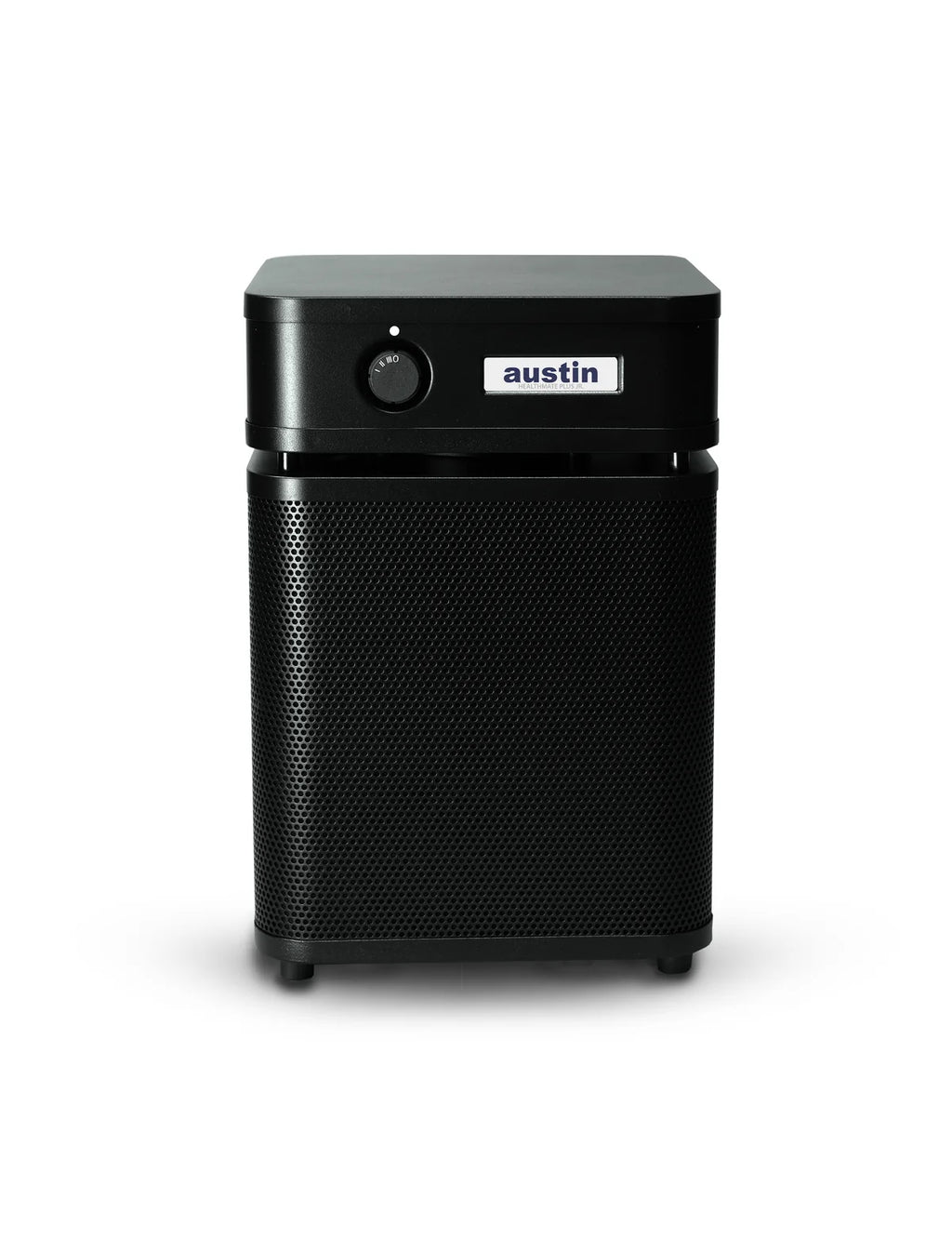 A black Austin portable air purifier with a perforated front grille and a top control panel featuring a dial and the 'austin' brand logo, shown on a white background.