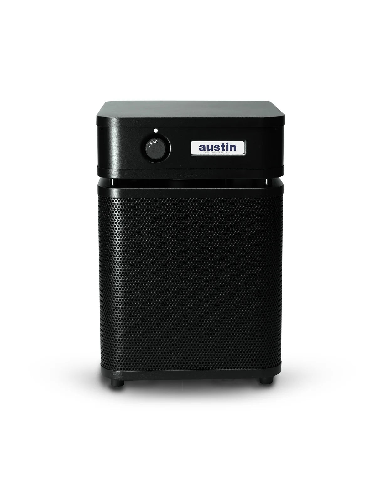 A black Austin portable air purifier with a perforated front grille and a top control panel featuring a dial and the 'austin' brand logo, shown on a white background.