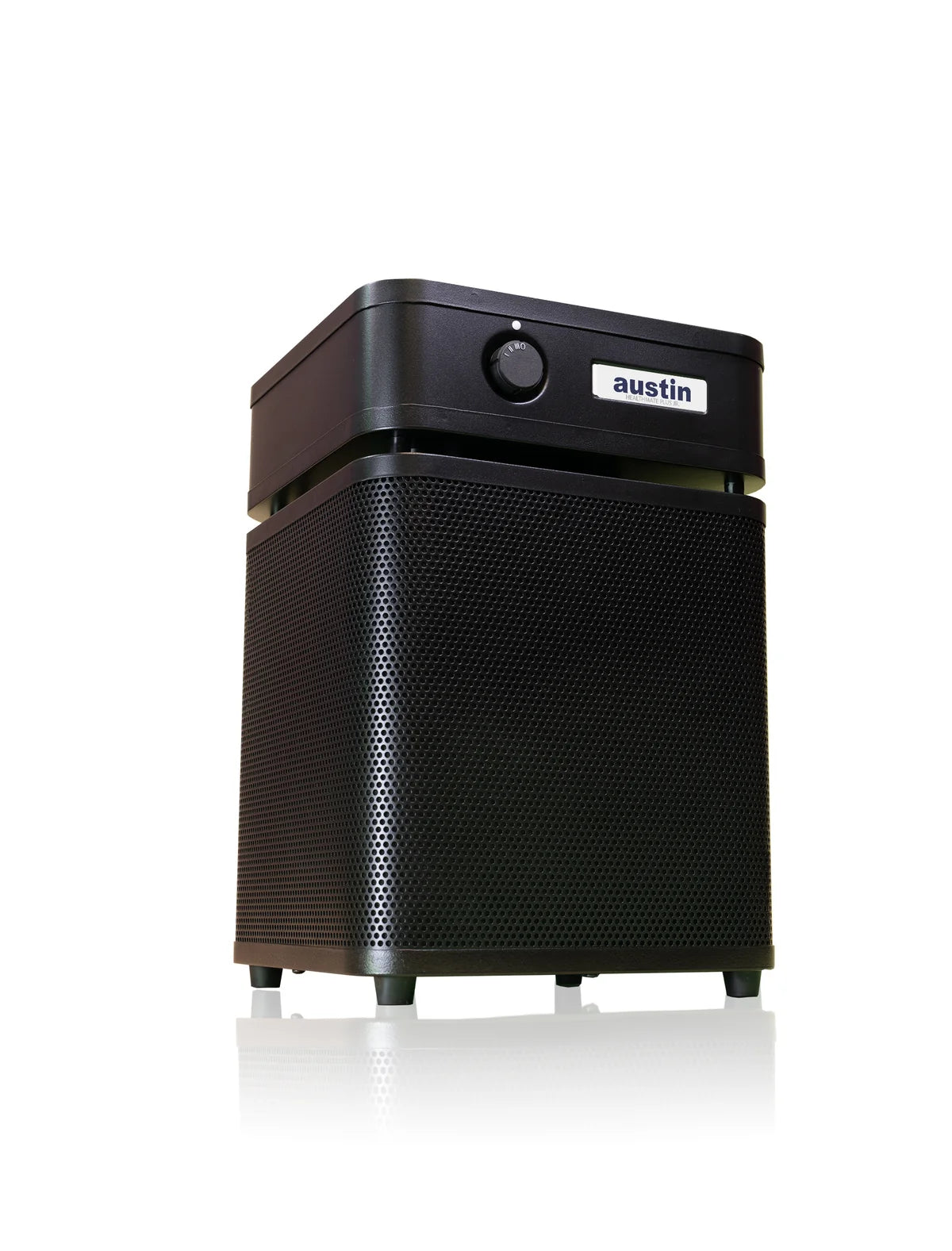 Black air purifier with 'austin' branding on a white background