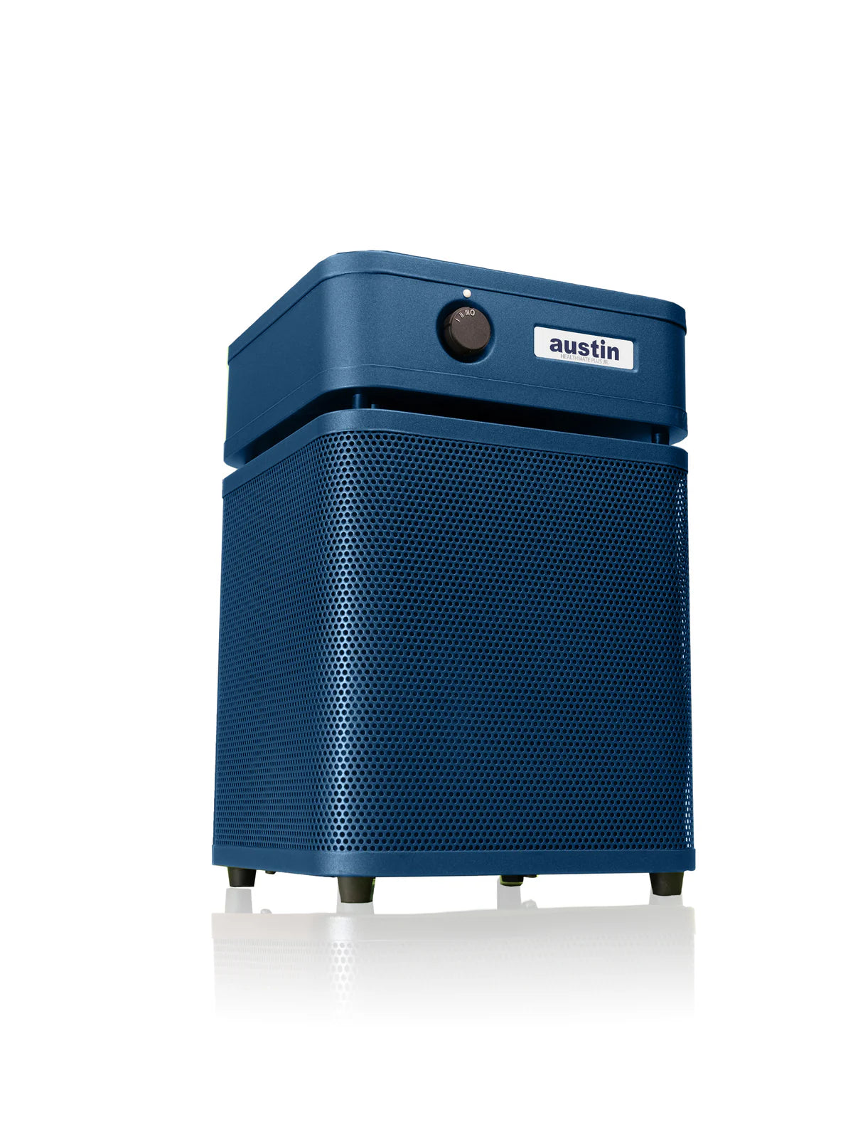 Blue air purifier with 'austin' branding on a white background