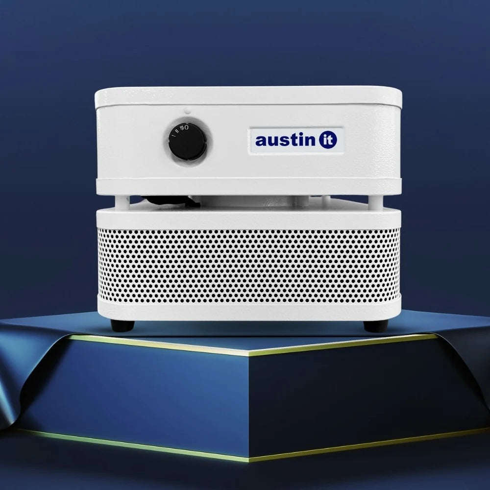 A white Austin IT projector with a black lens and blue logo, displayed on a dark blue pedestal against a dark blue gradient background.