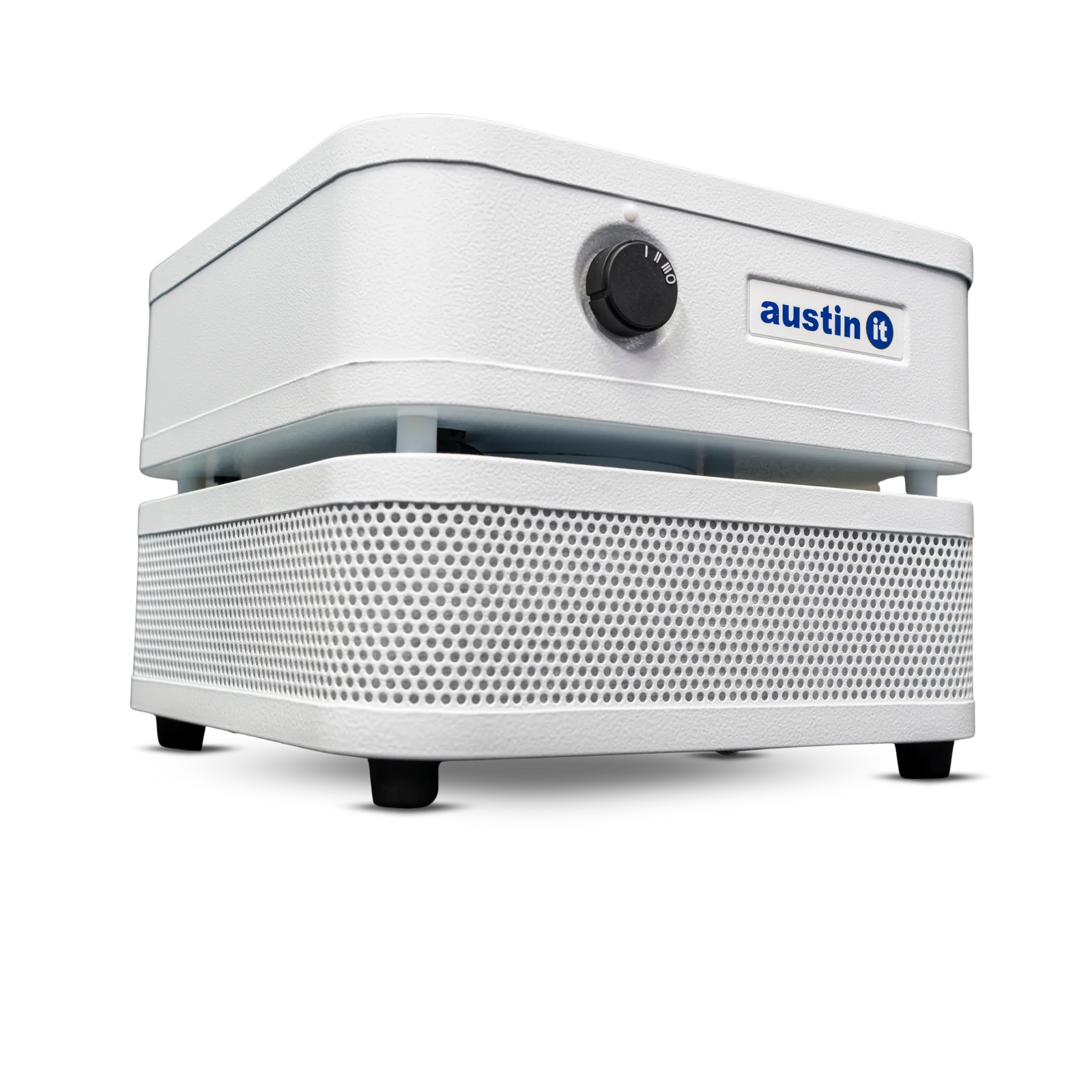A white Austin air purifier with a perforated front grille, a top control unit with a black dial, and a blue and white Austin logo, shown on a clean white background.