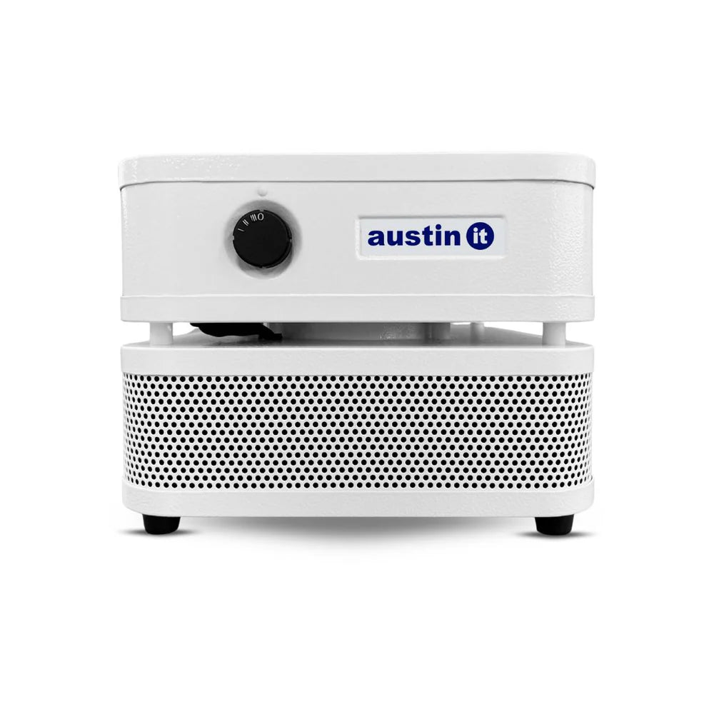 White air purifier with 'austin it' logo on a white background