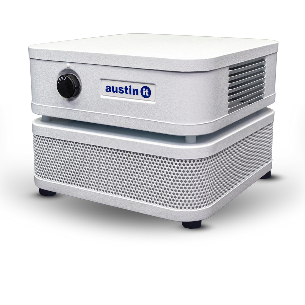 A white Austin IT portable cooler or air conditioner with a top-mounted control panel, vented sides, and a perforated front grille, shown on a white background.