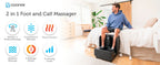 Man using a 2-in-1 foot and calf massager in a bedroom setting with product features displayed.