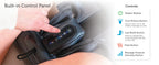 A close-up of a hand pressing buttons on a built-in control panel of a black massage chair, with a white text panel on the right listing controls: Power Button, Foot Shiatsu Button, Leg Mode Button, Heat Button, and Massage Pressure Intensity Button.