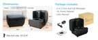 Black foot and calf massager with dimensions, package contents, and adapter shown.
