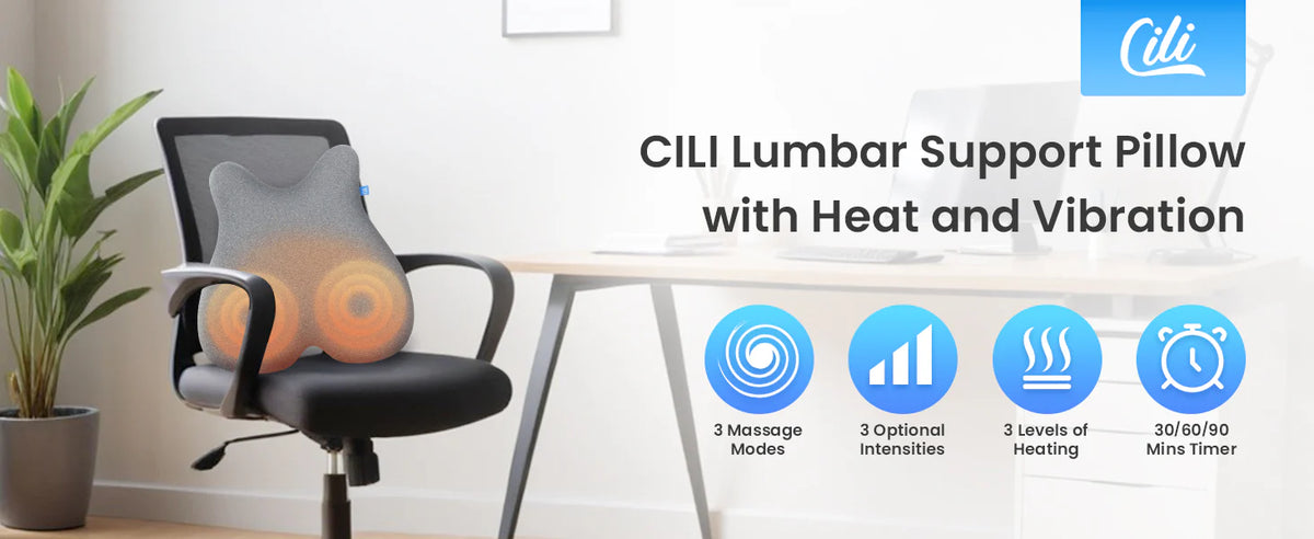 CILI Lumbar Support Pillow shown installed on a black office chair in a bright home office setting, with text describing heat and vibration massage modes and feature icons.