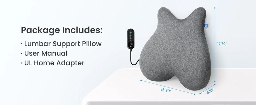 A gray contoured lumbar support pillow with an attached black remote and power cord, shown on a white surface with overlaid dimension lines and text listing included items: lumbar support pillow, user manual, and UL home adapter.