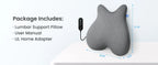 A gray contoured lumbar support pillow with an attached black remote and power cord, shown on a white surface with overlaid dimension lines and text listing included items: lumbar support pillow, user manual, and UL home adapter.
