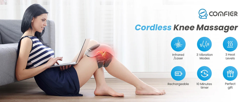 A woman sits on a floor beside a sofa using a cordless knee massager on her knee. The right side shows the product branding 'COMFIER' and feature icons for infrared laser, 3 vibration modes, 3 heat levels, rechargeable, 10 minutes timer, and perfect gift.