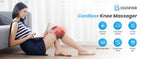 A woman sits on a floor beside a sofa using a cordless knee massager on her knee. The right side shows the product branding 'COMFIER' and feature icons for infrared laser, 3 vibration modes, 3 heat levels, rechargeable, 10 minutes timer, and perfect gift.