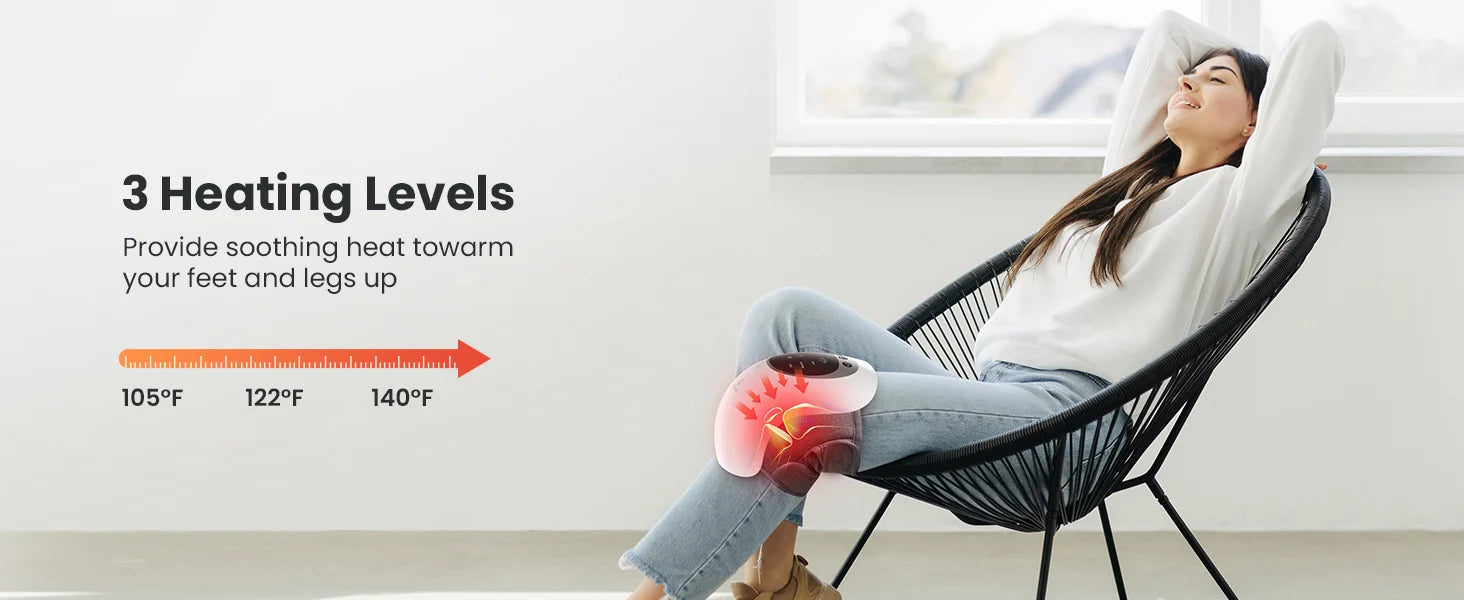 A woman reclines in a black wire chair in a bright room, wearing a glowing heat pad on her lower legs. Text on the left reads '3 Heating Levels' with temperature options 105°F, 122°F, and 140°F.