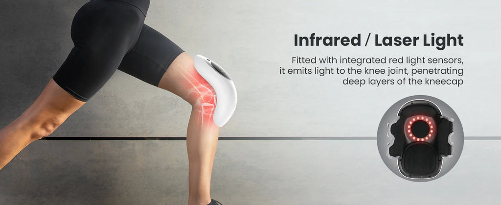 A person wearing black fitted shorts has one knee extended, with a white and red knee cap device shown on the leg. Text on the right reads 'Infrared / Laser Light' and describes the integrated light sensors and knee joint penetration.