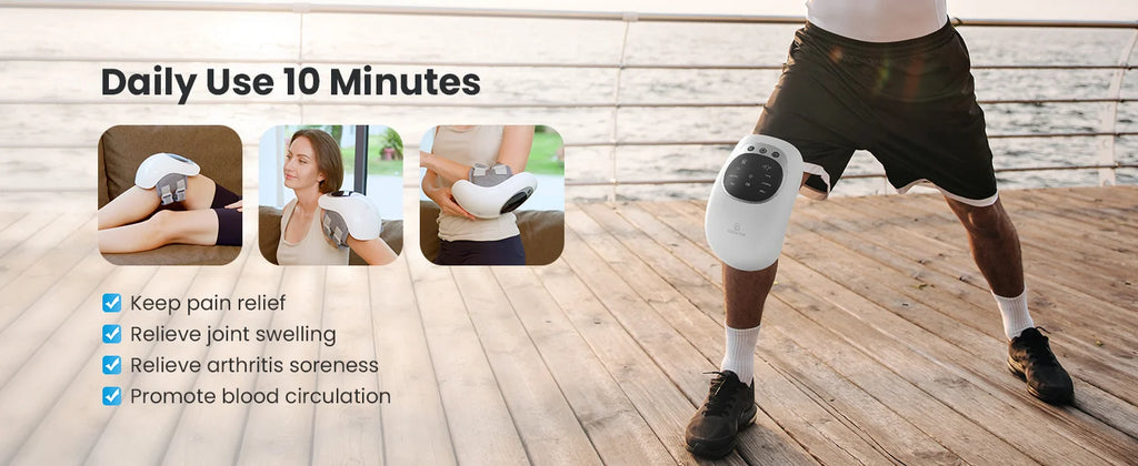 A person wearing a white and black knee massage device on their right knee, standing on a wooden deck with water in the background. The left side of the image contains promotional text reading 'Daily Use 10 Minutes' with three small inset photos showing the device on different body parts and a list of benefits.