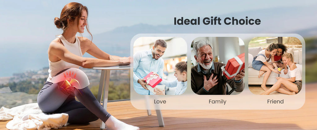 A promotional banner with the text 'Ideal Gift Choice' showing a woman sitting outdoors with a glowing red heat pack on her thigh, alongside three smaller inset photos labeled 'Love', 'Family', and 'Friend' each showing a person holding a red gift box.