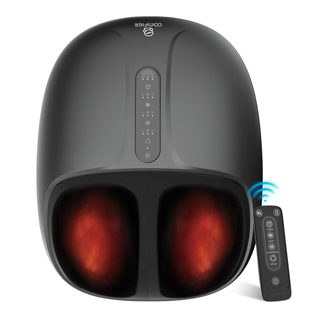 A black foot massager with two glowing red foot compartments and a separate black remote control, shown on a plain white background.