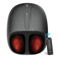 A black foot massager with two glowing red foot compartments and a separate black remote control, shown on a plain white background.