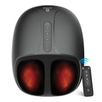 A black foot massager with two glowing red foot compartments and a separate black remote control, shown on a plain white background.