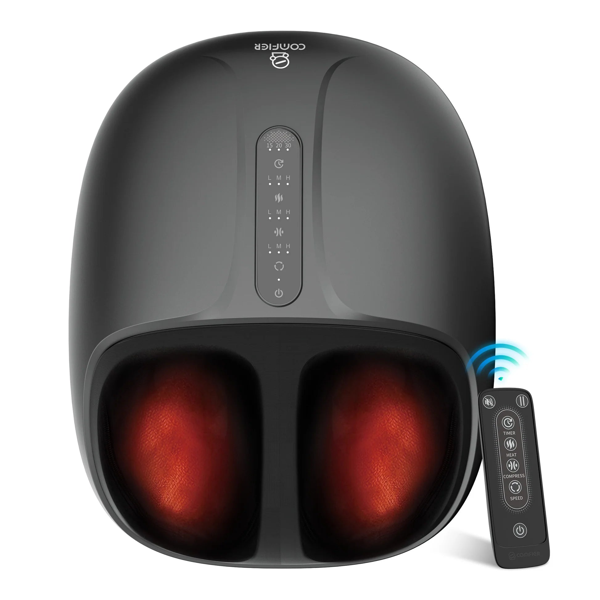 A black foot massager with two glowing red foot compartments and a separate black remote control, shown on a plain white background.
