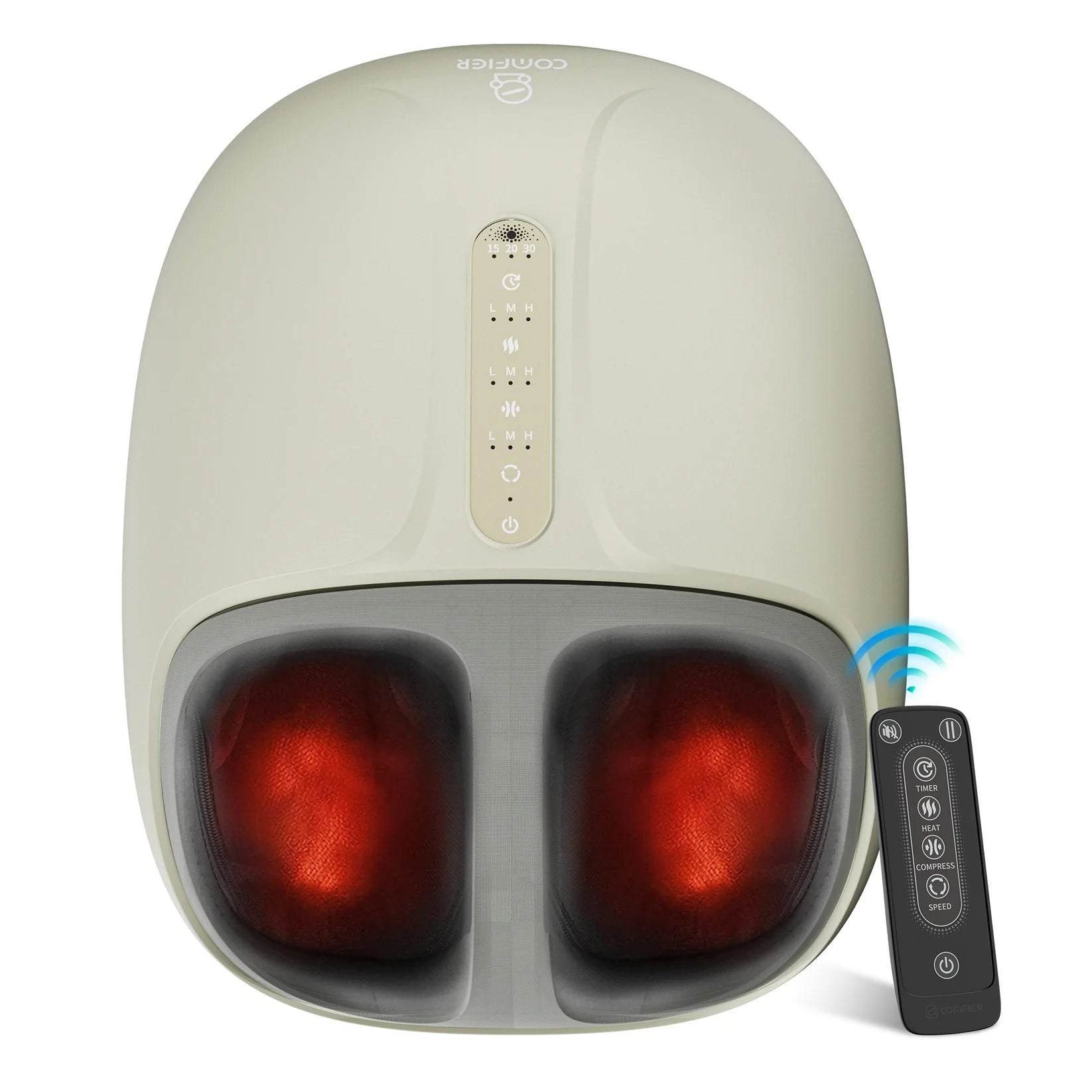 A Conair foot massage machine in a warm beige color, featuring two red illuminated massage zones and a separate black remote control with blue wireless signal graphics, set against a plain white background.