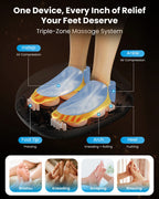 Foot massager device with labeled zones and massage techniques on a dark background