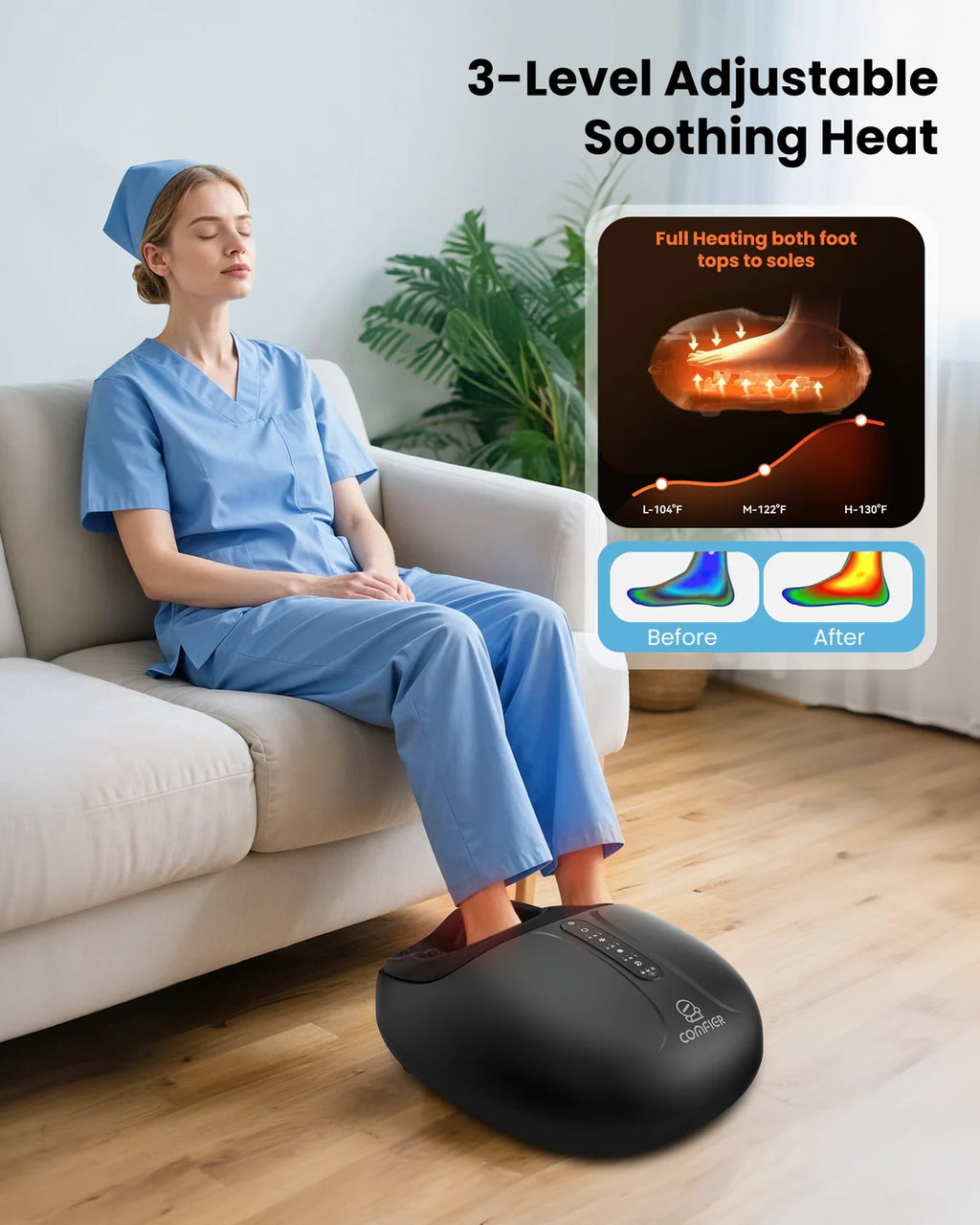 Person in blue scrubs using a foot massager with 3-level adjustable soothing heat feature.