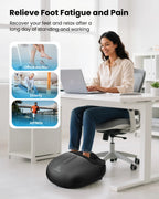 Woman using a foot massager with text on foot fatigue and pain relief.