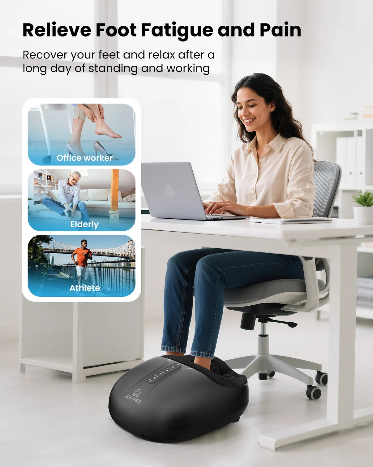 Woman using a foot massager with text on foot fatigue and pain relief.