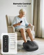 Woman using a remote control device on a massage foot stretcher with a detailed diagram of the remote controls.