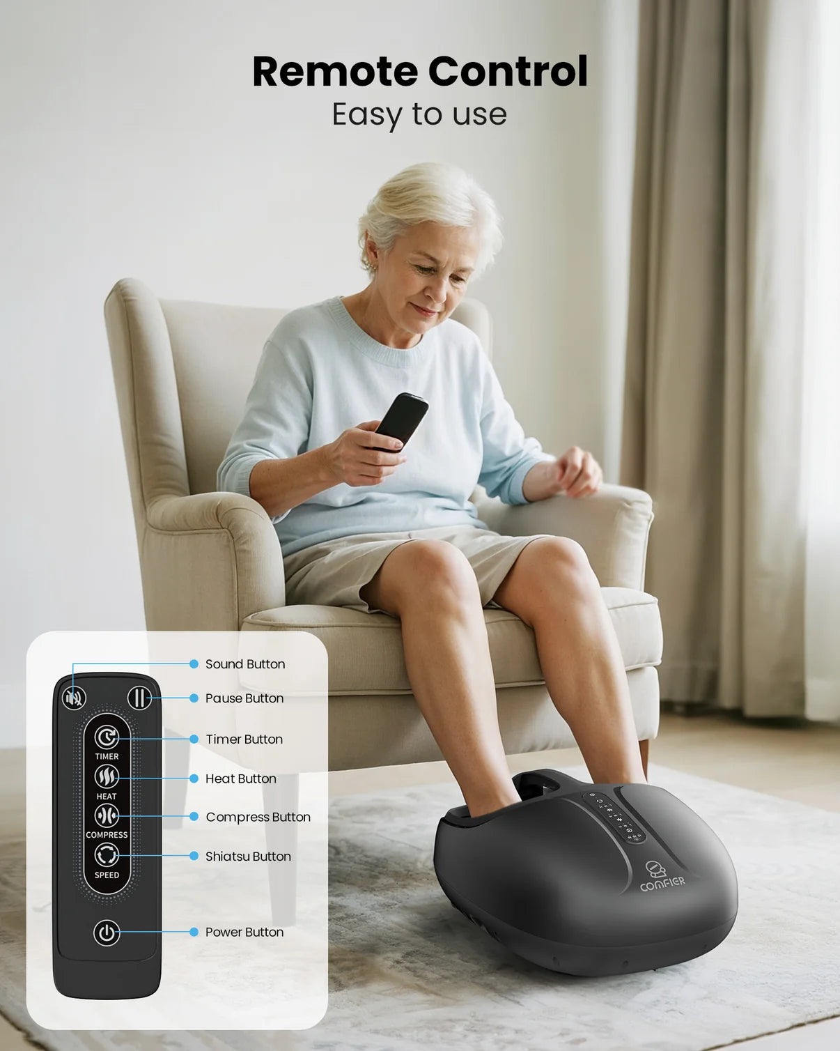 Woman using a remote control device on a massage foot stretcher with a detailed diagram of the remote controls.