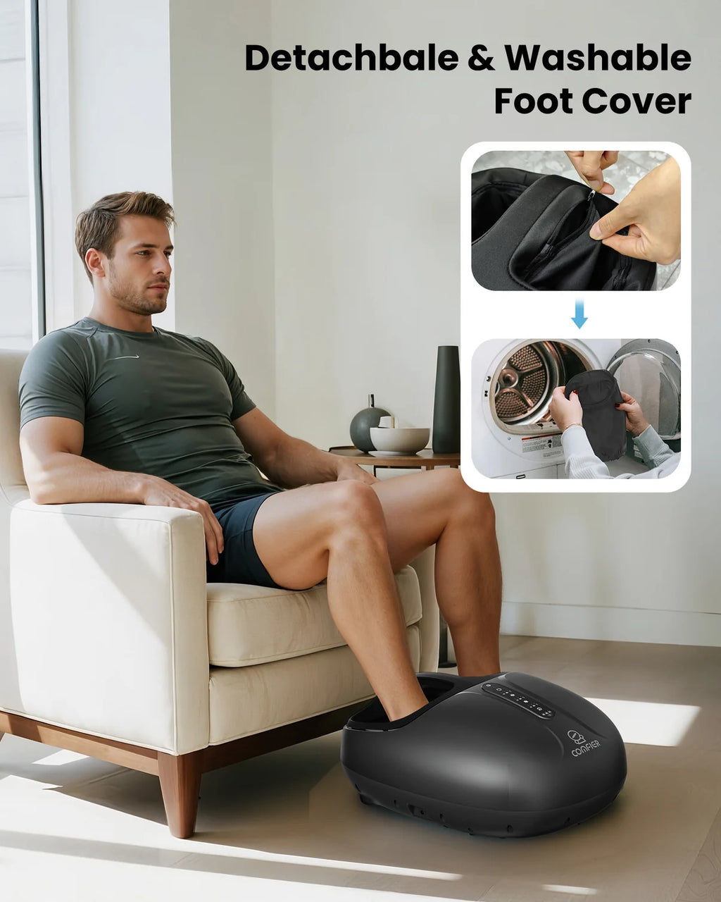 A man sits in a light beige armchair with his foot in a black foot massager on the floor. The image includes text reading 'Detachable & Washable Foot Cover' and two inset demonstration panels showing the cover being removed and washed in a machine.